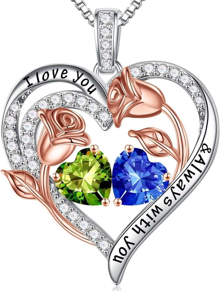 Iefil Christmas Gifts for Women - 925 Sterling Silver Rose Heart Birthstone Necklace Birthday Gifts for Women Anniversary Christmas Jewelry Gifts for Her Wife Mom Daughter