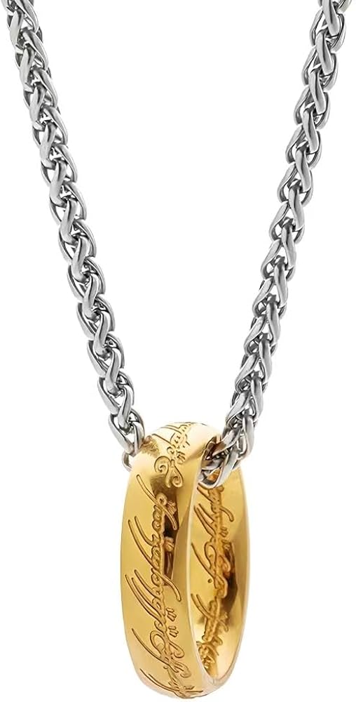 Engraved Titanium Steel Gold Ring Pendant Necklace with Wheat Silver Chain for Men Women