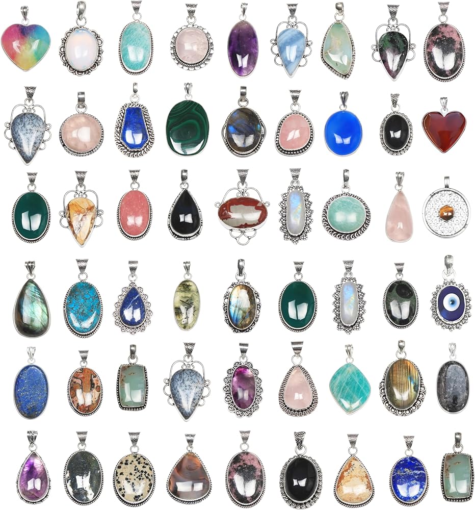 Chunky Silver Pendant Necklace Pack for Women - Statement Fashion Pendants Set, Silver Plated Bohemian Handmade Gemstone Gothic Vintage Necklaces for Girls