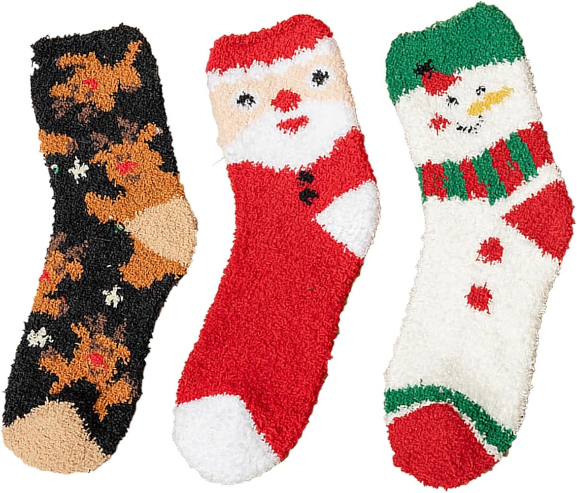 3 Pairs Christmas Fuzzy Socks For Women Casual Sleeping Socks For 6 To 9 Size Warm Cozy Cute Support
