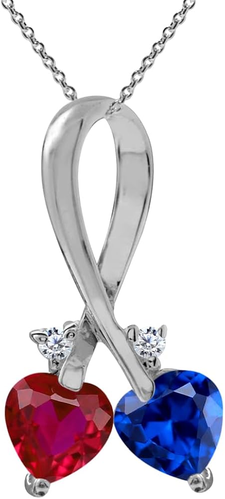 Silvershake 5MM Heart Shape Gemstone 925 Sterling Silver Twin Heart Ribbon Pendant with 18 Inch Chain Necklace Family Birthstone Jewelry for Women