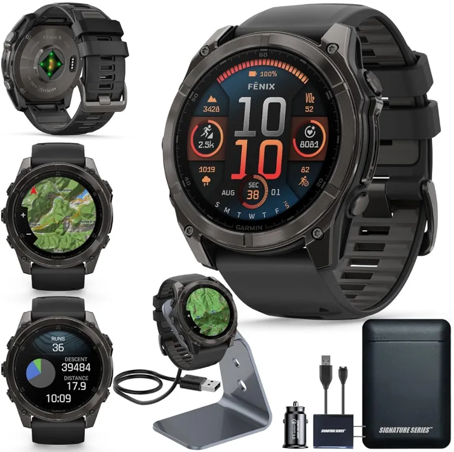 Garmin Fenix 8 Premium Multisport GPS Running Smartwatch, 51 mm | AMOLED, Dive-Rated, Built-in Flashlight | Carbon Gray DLC Titanium with Pebble Gray Band with Signature Series Charging Stand