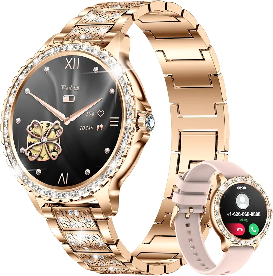 Smart Watches for Women,1.32" HD Fitness Tracker Watch with Answer/Make Call,AI Voice Control,Heart Rate/Calories/SpO2 Monitor 20 Sport Modes Ladies Smartwatch for Android iOS 2 Straps Gold