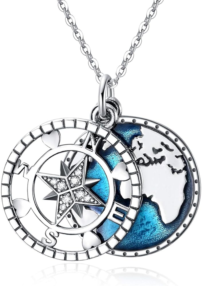YFN Compass Pendant Necklace Sterling Silver Navy Anchor Travel Map Necklace for Women Men 18"