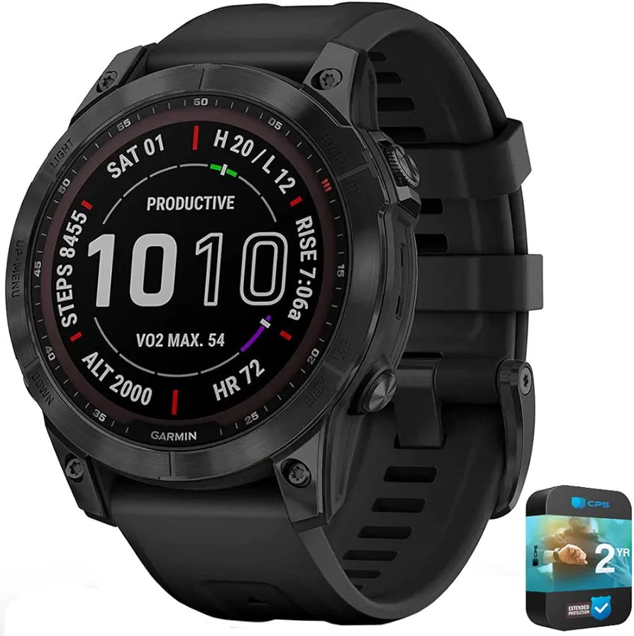 Garmin 010-02540-34 Fenix 7 Sapphire Solar Smartwatch Black DLC Titanium with Black Band Bundle with 2 YR CPS Enhanced Protection Pack