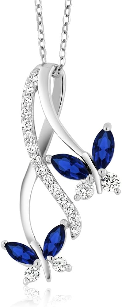 Gem Stone King 925 Sterling Silver Created Blue Sapphire Necklace | Butterfly Infinity Pendant Necklace for Women | 1.21 Ct Marquise | With 18 Inch Silver Chain