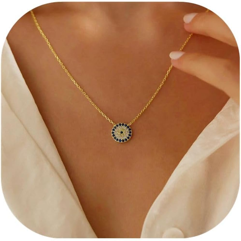 Evil Eye Necklace for Women, 14K Gold Plated Delicate Jewelry Evil Eye Necklace Blue White CZ Diamond Eye Pendant Necklace Cute Boho Tiny Evil Eye Lucky Protection Jewelry Gift for Women