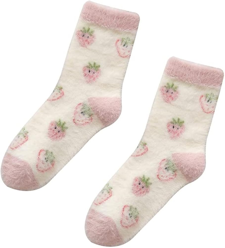 2 Pairs Winter Warm Socks Womens Fluffy Sleep Socks Fleece Fuzzy Crew Socks Girl Lovely Strawberry Pattern Cozy Socks