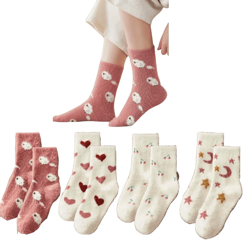NeVka Fuzzy & Fluffy Women's Socks Warm & Cozy Thickening Breathable Half Knee Mink Floor Sleep Socks Pack of 4 Pairs (Mix2)