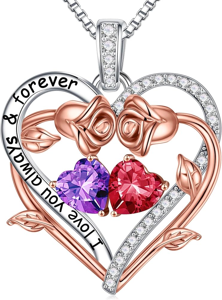 Iefil Rose Heart Double Birthstone Necklace Gifts for Wife Girlfriend Her Women, Birthstone Jewelry Gemstone Valentines Day Birthday Gifts for Mom Grandma Her Wife Women