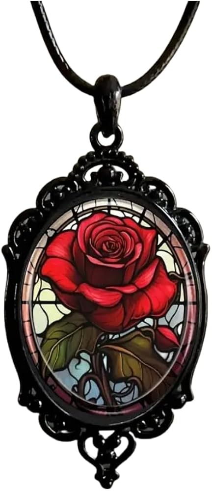 Gothic Rose Glass Necklace for Women Vintage Satan Demon Pendant Necklace Halloween Rose Necklace Dark Punk Style Necklace Victoria Emboss Necklace Mystic Witch Jewelry Gift Accessories