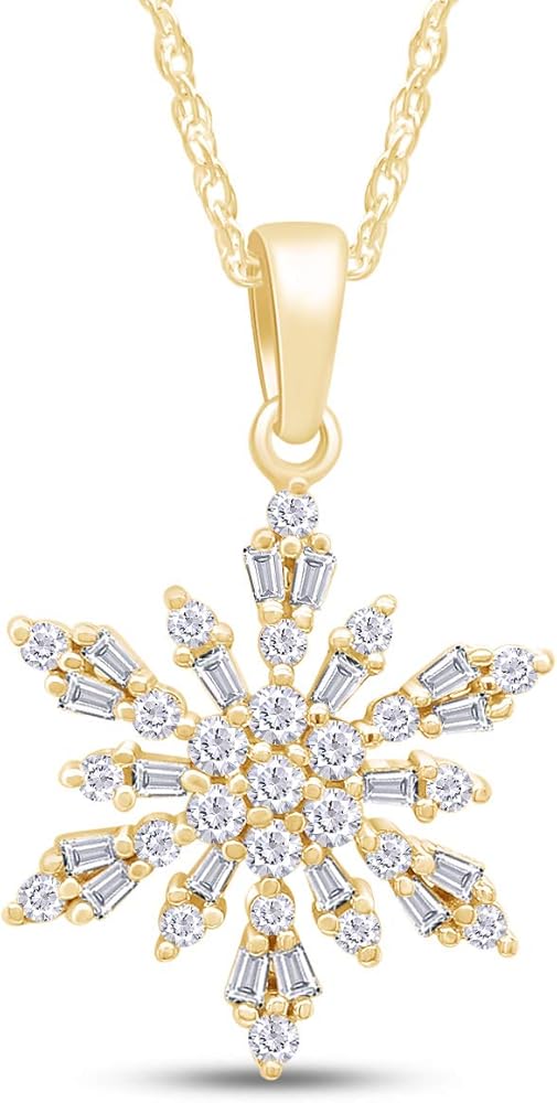 AFFY Baguette & Round White Cubic Zirconia & Moissanite Diamond Snowflake Charm Pendant Necklace in 14k Gold Over Sterling Silver