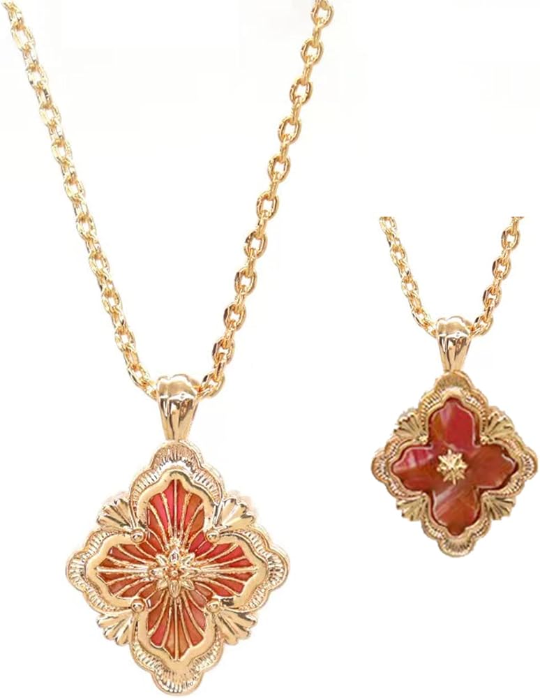 DISTANT DRUMS Gold Clover Jewelry for Women, Double-Sided Pendant by 18K Gold-plated with Gemstone inlaid Shell Pearl Pendant Necklace,Bracelet,Earrings,Gold Jewelry Set for Women