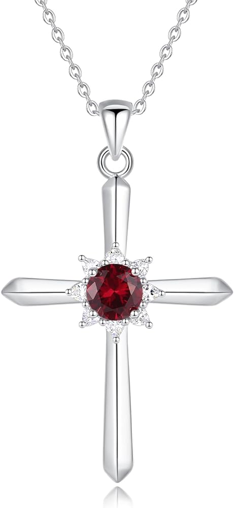 FANCIME Birthstone Cross Necklace for Women Sterling Silver Birthstone Necklace Halo Infinity Cross Pendant Necklace Fine Jewelry Valentines Day Gifts Birthday Holiday Gifts for Her, 16"+2" Inches