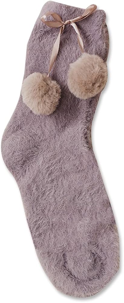 Women Winter Warm Soft Plush Fluffy Microfiber Crew Socks Home Sleeping Fuzzy Cozy Sock with Ball Christmas Gift