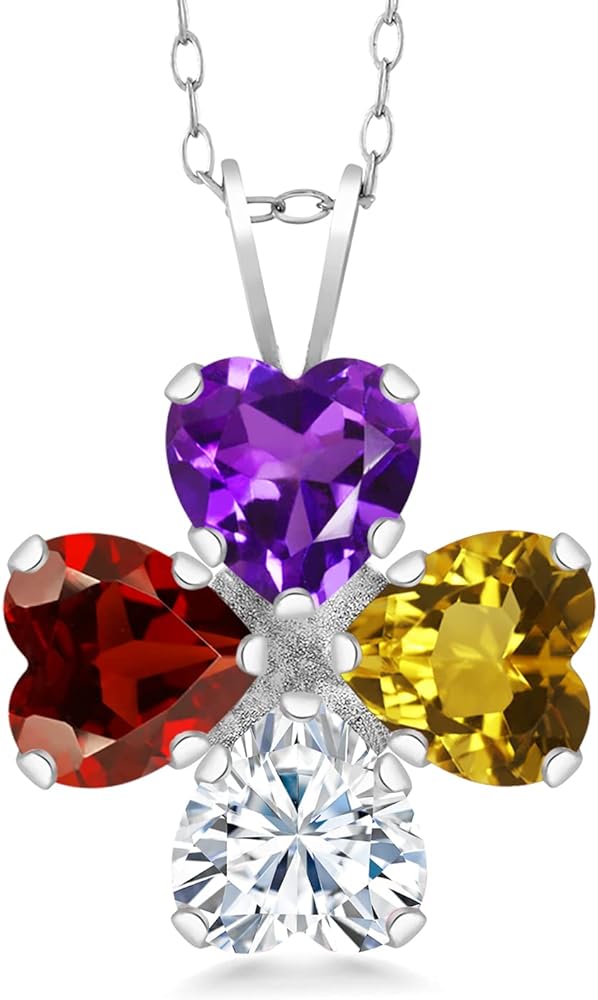 Gem Stone King 925 Sterling Silver Customized and Personalized 4 Gemstone Birthstone Fashion Love Mothers Flower Blossom Heart Shape Pendant Necklace For Women with 18 Inch Silver Chain