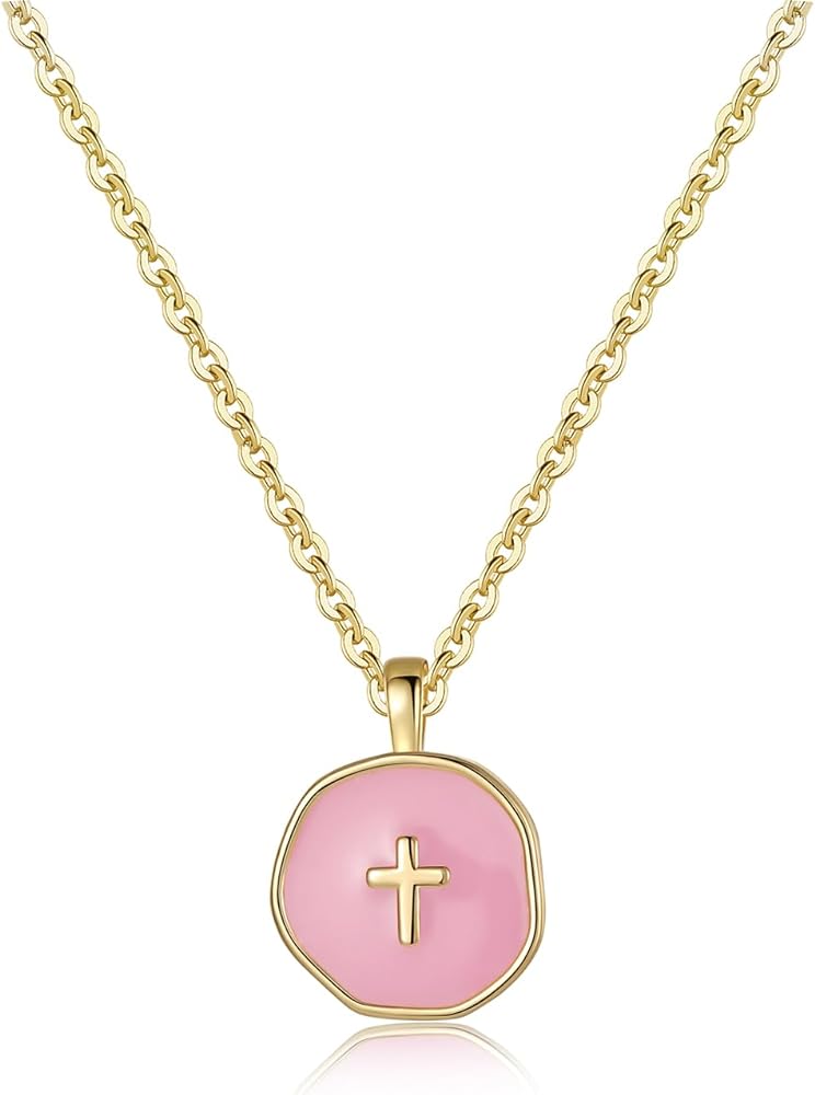 Colorful 14k Gold Cross Necklace. First Communion Gifts, Baptism Gift for Women, Charistmas Valentines Day Birthday Gifts.