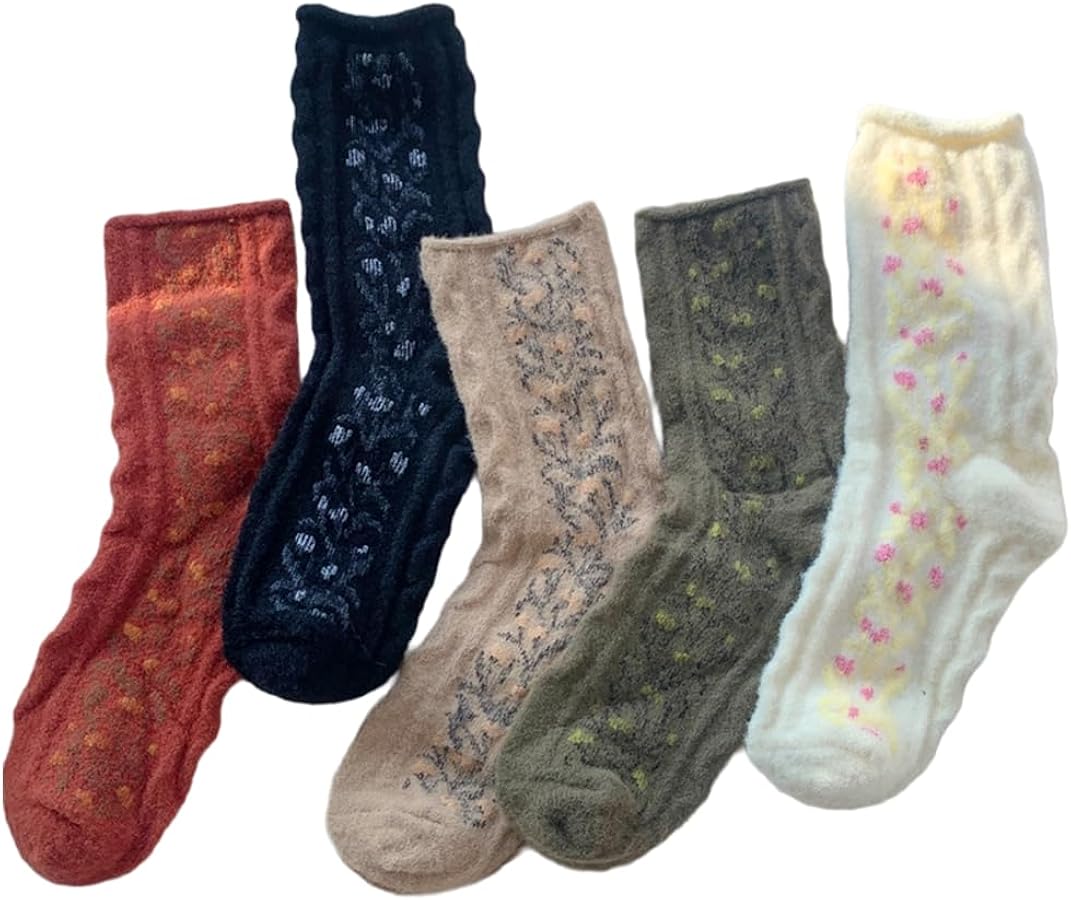 Cute Floral Fluffy Sock Women 5 Pair Casual Fuzzy Sock Daily Slipper Sock Warm Soft Sleep Home Sock Floor Winter Sock