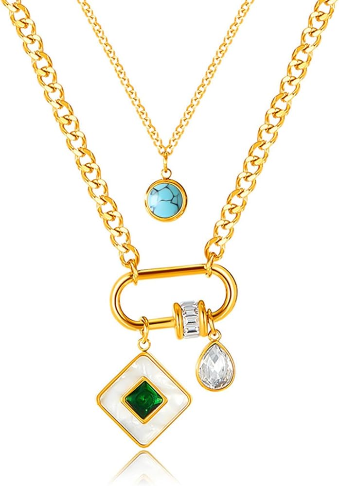 HETICA Gold Mother of Pearl Pendant Women Necklace, Double Layers Turquoise Cubic Zirconia Necklace Stainless Steel Delicate Fashionable Collar Chain Gift
