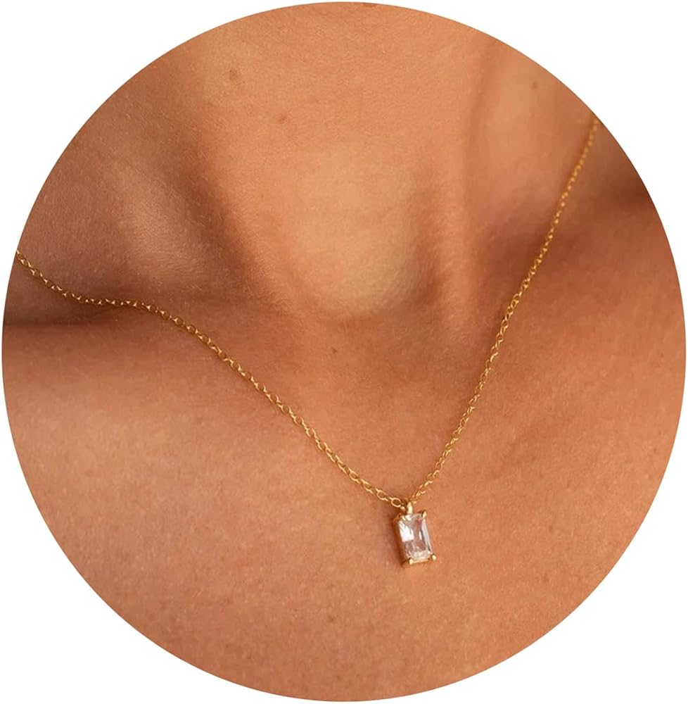 Pencros Gold Necklace for Women, Emerald Diamond Bezel Necklace 14K Gold Plated Dainty Gold Karma Flower Petal Love Heart Pendant Necklace Simple Jewelry Necklaces for Women