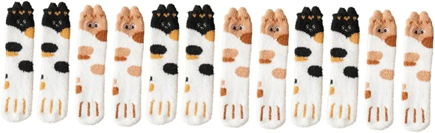 SOIMISS 6 Pairs Sleep Socks Cute Cat Socks Girl Socks Winter Crew Socks Womens Fuzzy Slipper Socks Fluffy Socks for Women Animal Socks Stockings Polyester (Polyester) White Floor Miss Spot