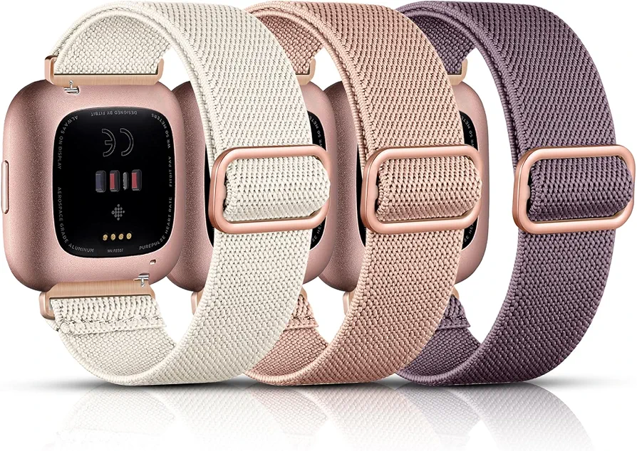 Maledan 3 Pack Elastic Nyon Band Compatible with Fitbit Versa/Versa 2 Watch Band for Women Men, Adjustable Stretchy Sport Wristbands Accessories for Versa Smartwatch, Starlight/Pink Sand/Smokey Mauve