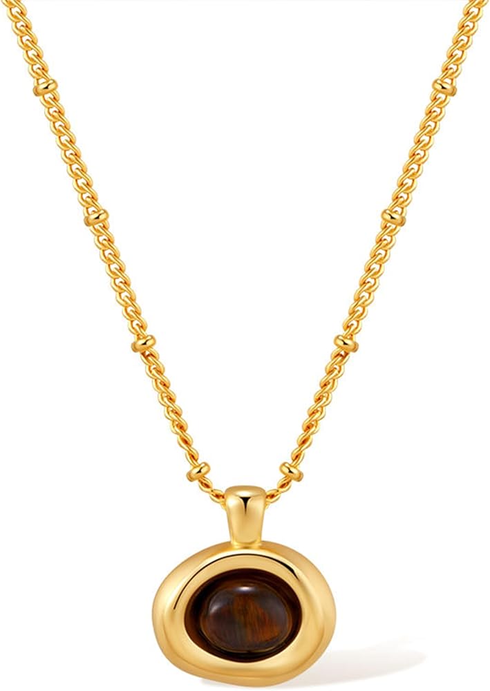 Jean Beau Gold Turquoise/Tigers Eye Stone Pendant Necklaces for Women, Chunky Gemstone Dangle Necklace Wedding Prom Fashion Jewelry Gifts
