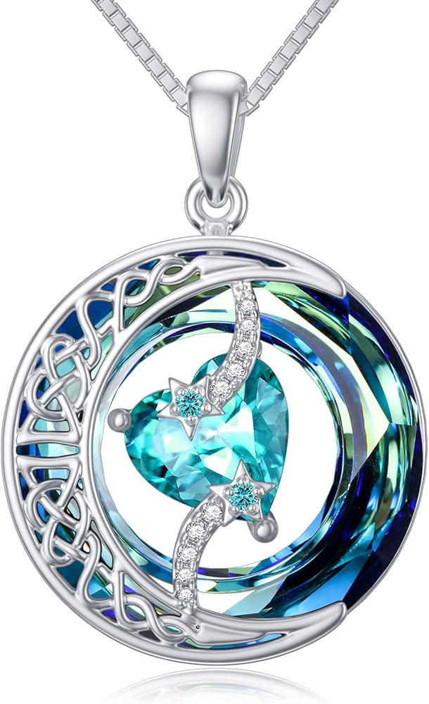 TOUPOP Christmas Gifts for Women Moon Birthstone Necklace 925 Sterling Silver Celtic Moon Fine Jewelry Gifts for Her Girlfriend Wife Mom Blue Circle Crystal Valentines Day Anniversary Birthday