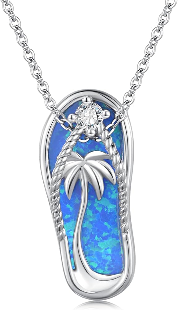 Midir&Etain Ocean Necklace 925 Sterling Silver Blue Opal Necklace Starfish/Flip Flop/Shark Pendant Beach Ocean Jewelry for Women