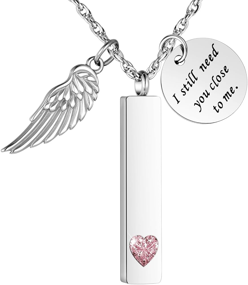 XIUDA Cremation Jewelry for Ashes with Angel Wing Charm Vertical Bar Urn Necklace Stainless Steel Memorial Keepsake Pendant for Women