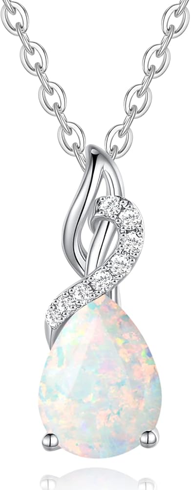 FANCIME 14K Solid White Gold Teardrop Pendant with Diamond Birthstone Necklace Birthday Gifts for Mom Women, Sterling Silver Chain 16" + 2" Extender