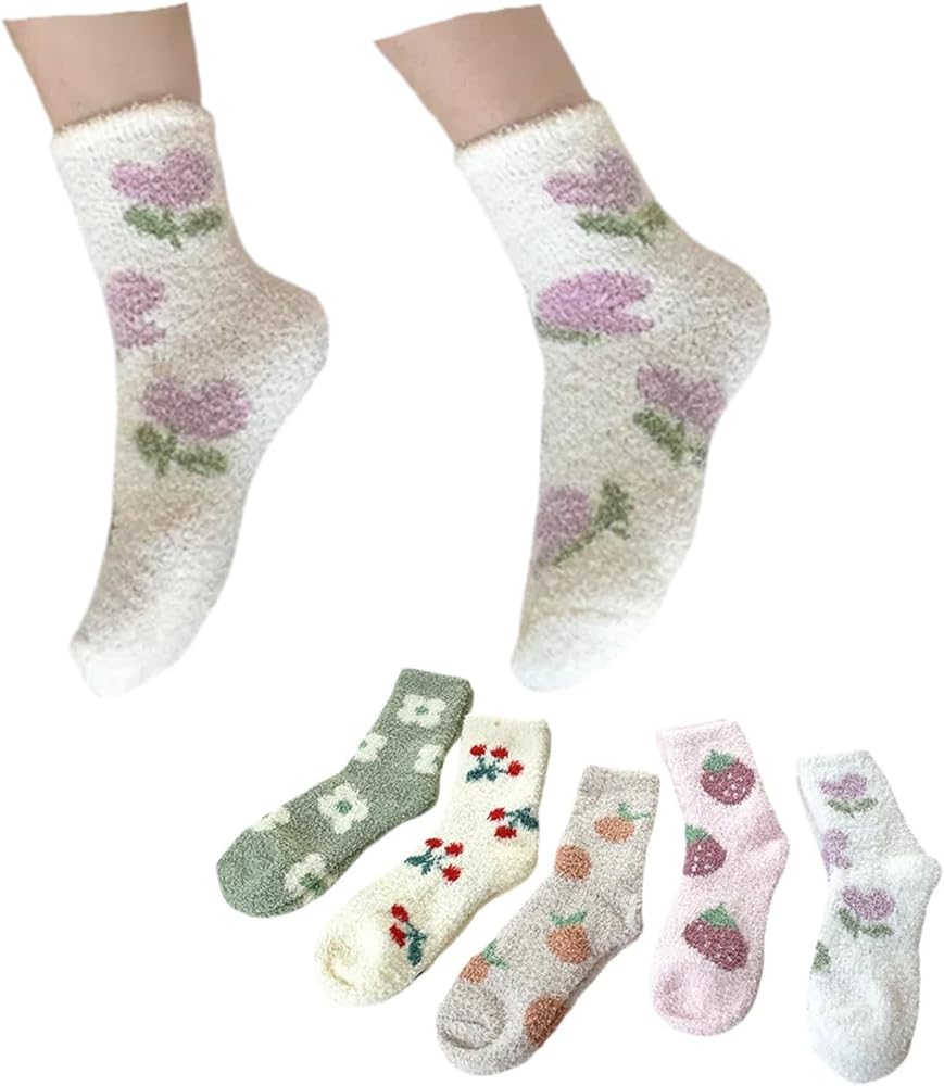 Flower Socks Cozy Fluffy Crew Slipper Socks Thick Warm Coral Fleece Winter 5 Pairs Cute High Ankle Sock