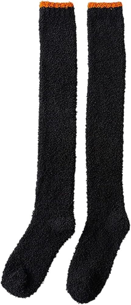 Womens Fuzzy Coral Fleece Stockings Winter Thickened Warm Home Plush Sleeping Socks Over Knee Leg (Black, One Size)