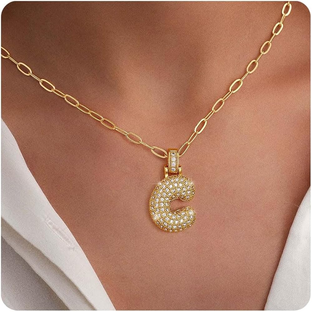 Turandoss Bubble Letter Necklace Gold - Initial Gold Paperclip Chain Necklace for Women, Dainty Gold Cubic Zirconia Letter A-Z Pendant Necklace, Gold Jewelry for Women