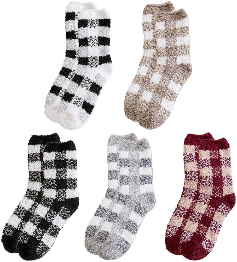 Warm Cozy Crew Cotton Socks Fashion Casual Nonslip Soft Plaid Fuzzy 5 Pairs Socks