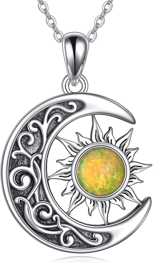 Sun and Moon Necklace S925 Sterling Silver Opal/Lapis Crescent Moon Star Pendant Sun and Moon Jewelry Gift for Women