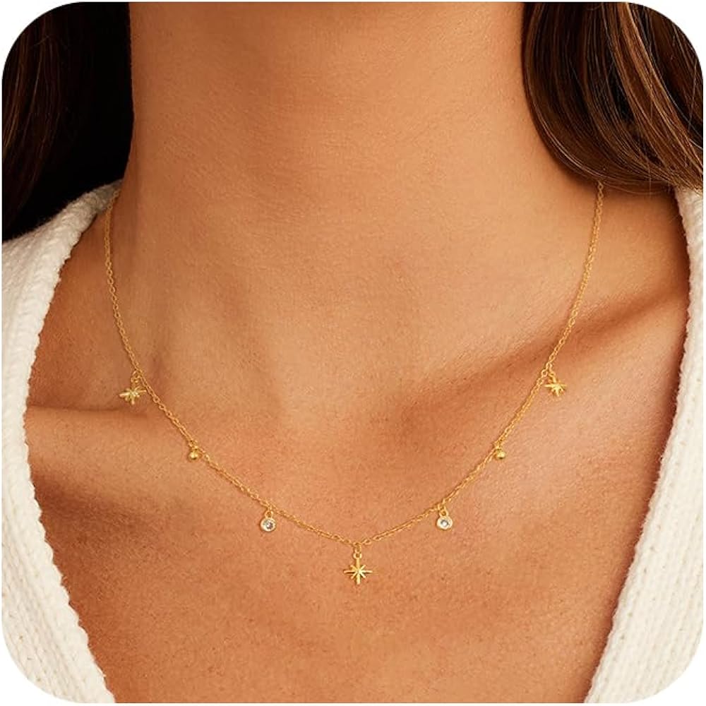 Gold Charm Necklace for Women Dainty 14K Gold Necklace Trendy Pendant Chain Necklace Cute CZ Bow Pearl Choker Necklace Butterfly Shell Starfish Necklace for Women Fashion Jewelry Gift