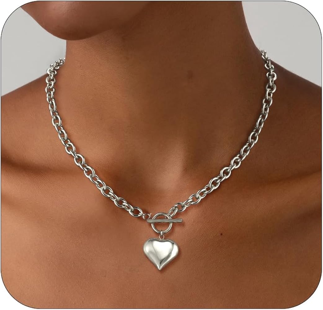 Heart Gold Necklace for Women, Chunky Gold Necklace Trendy 14k Real Gold/Silver Plated Pendant Charm Toggle Clasp Gold Necklace Waterproof Statement Thick Chain Link Necklace Gold Jewelry for Women Gift