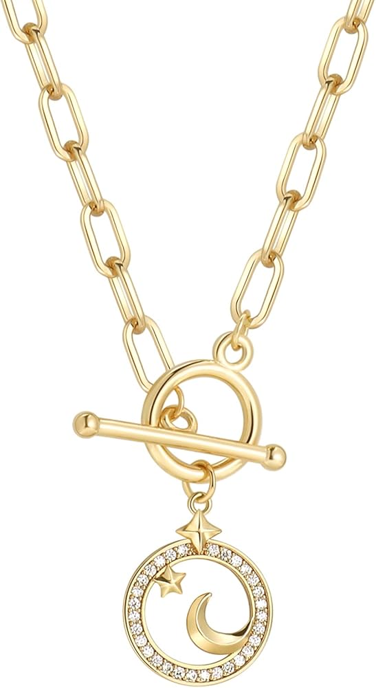 DoreenBeads 18K Gold Sun Moon Star Compass Pendant Necklace Chunky Toggle Paperclip Chain Necklace with Heart Daisy Bee Charms for Women Girls 20 Inches