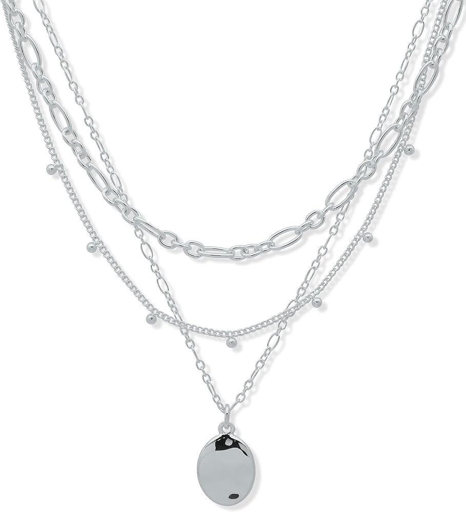 Nine West Silver Tone Multi Row Necklace in 17/18/19" With Silver Accent Pendant
