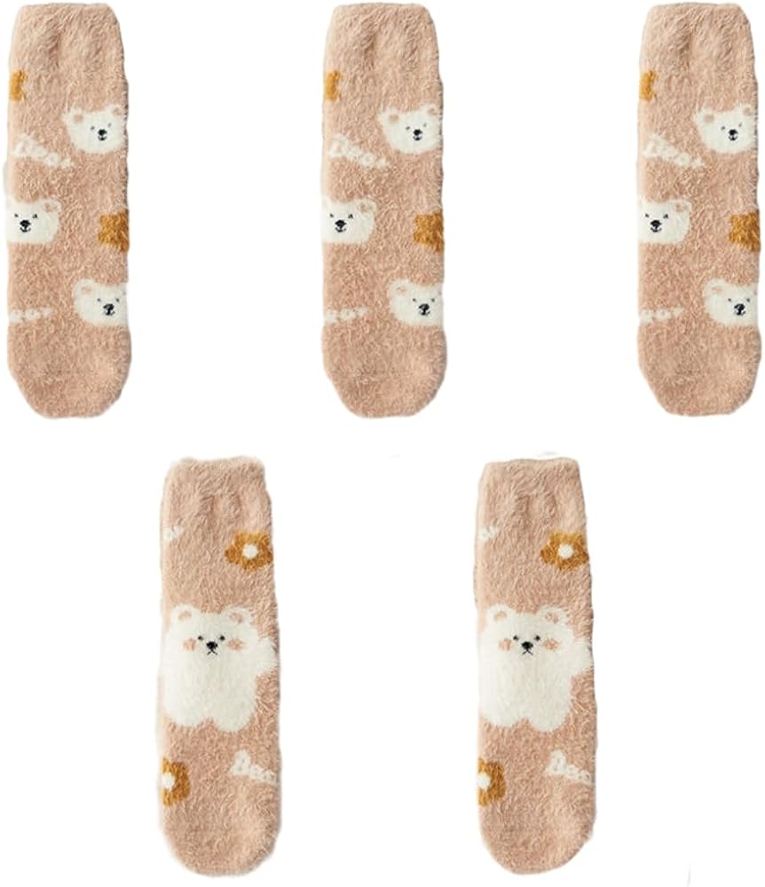 Womens Fuzzy Socks Cozy 5-Pairs Pack Soft Comfy Fluffy Cute Bears Animal Winter Warm Home Slipper Socks
