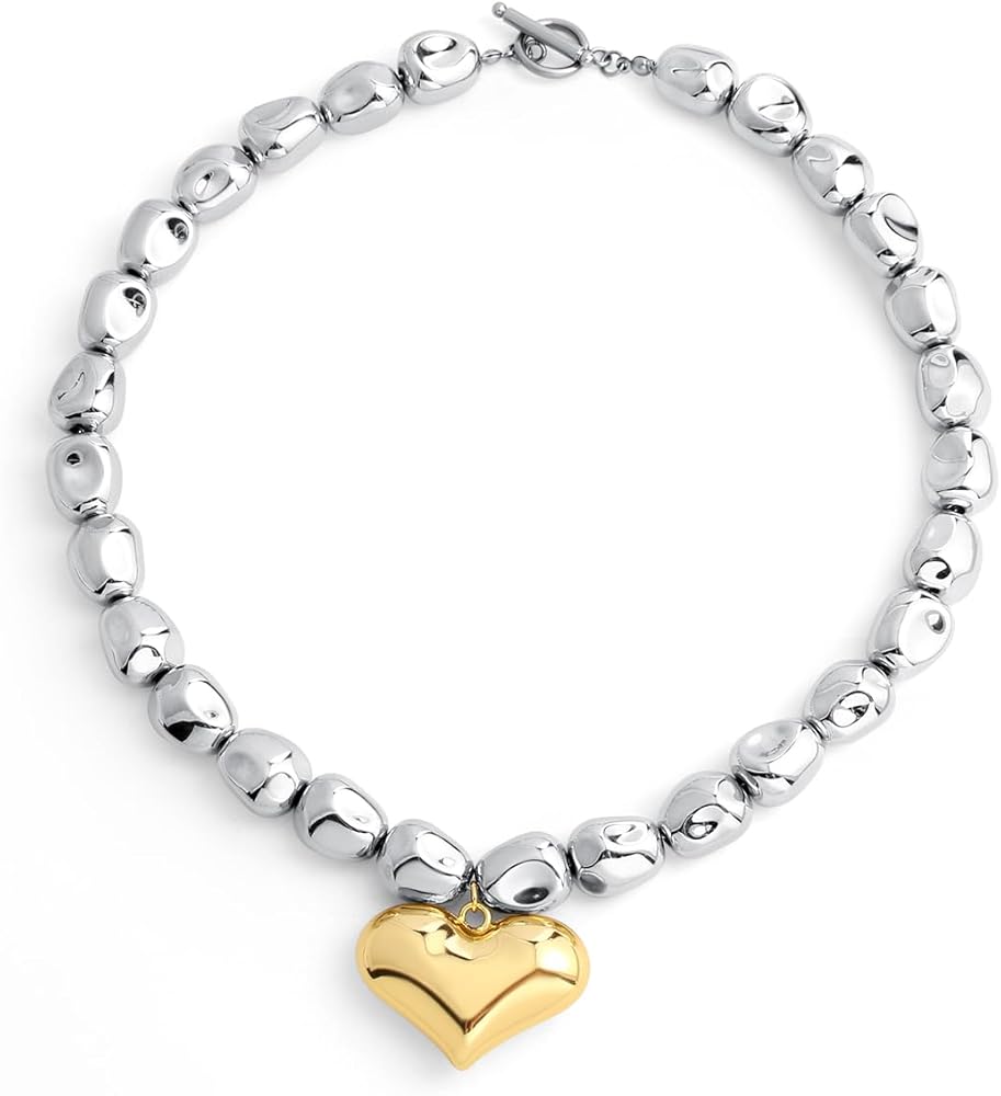 Chunky Gold Heart Necklace for Women Irregular Puffy Heart Pendant Necklace Stylish Statement Jewelry