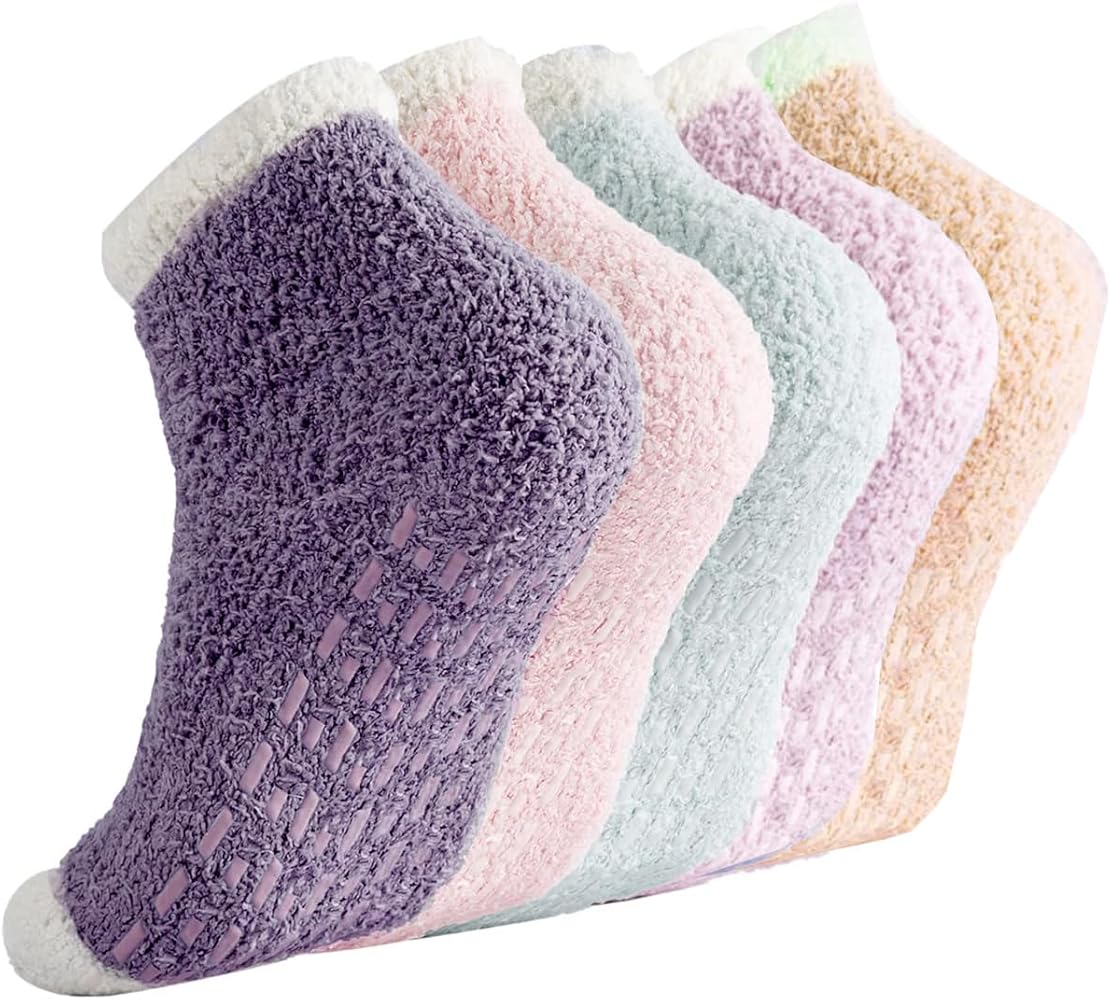 Non Slip Fuzzy Socks for Women,5 Pairs Cozy Fluffy Slipper Socks for Home and Sleep,Hospital Socks with Grips for Women,Winter Warm Socks