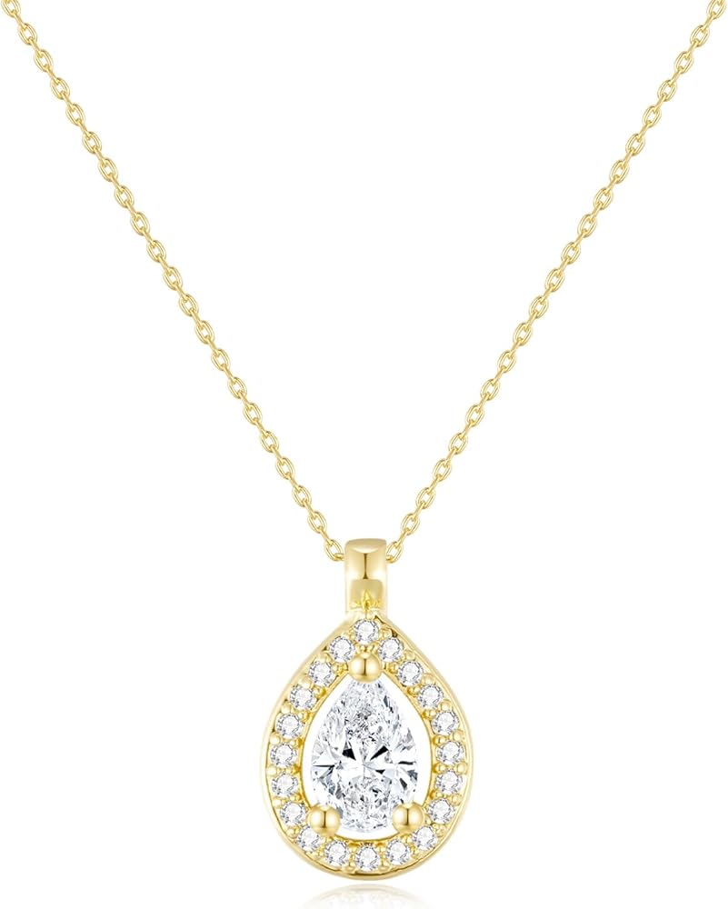 14K Gold Plated Necklace Dainty Sparkling Halo Cubic Zirconia Pendant Necklaces CZ Stainless Steel Chain Necklaces for Women
