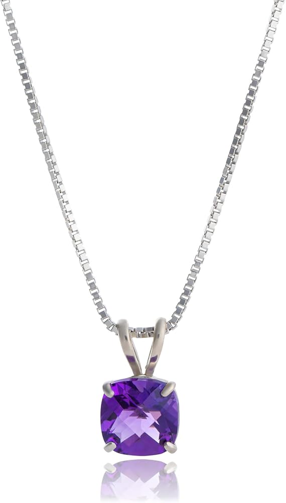 MAX + STONE 925 Sterling Silver 6mm Cushion Cut Birthstone Solitaire Pendant Necklace for Women with 18 inch Box Chain