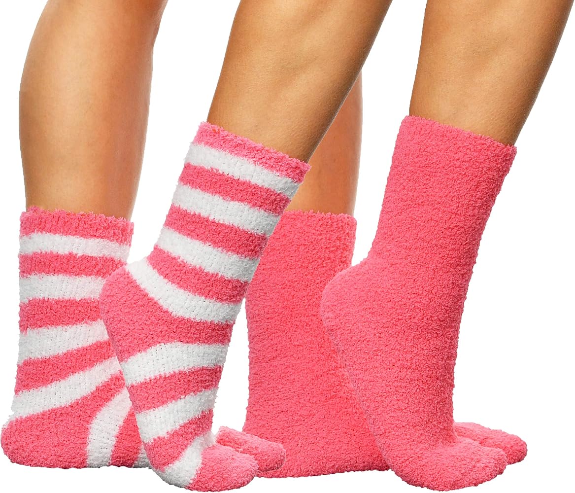 Premium Soft Warm Microfiber Fuzzy Socks-Multi Color- 2 Pairs, Striped Pink and Solid Pink