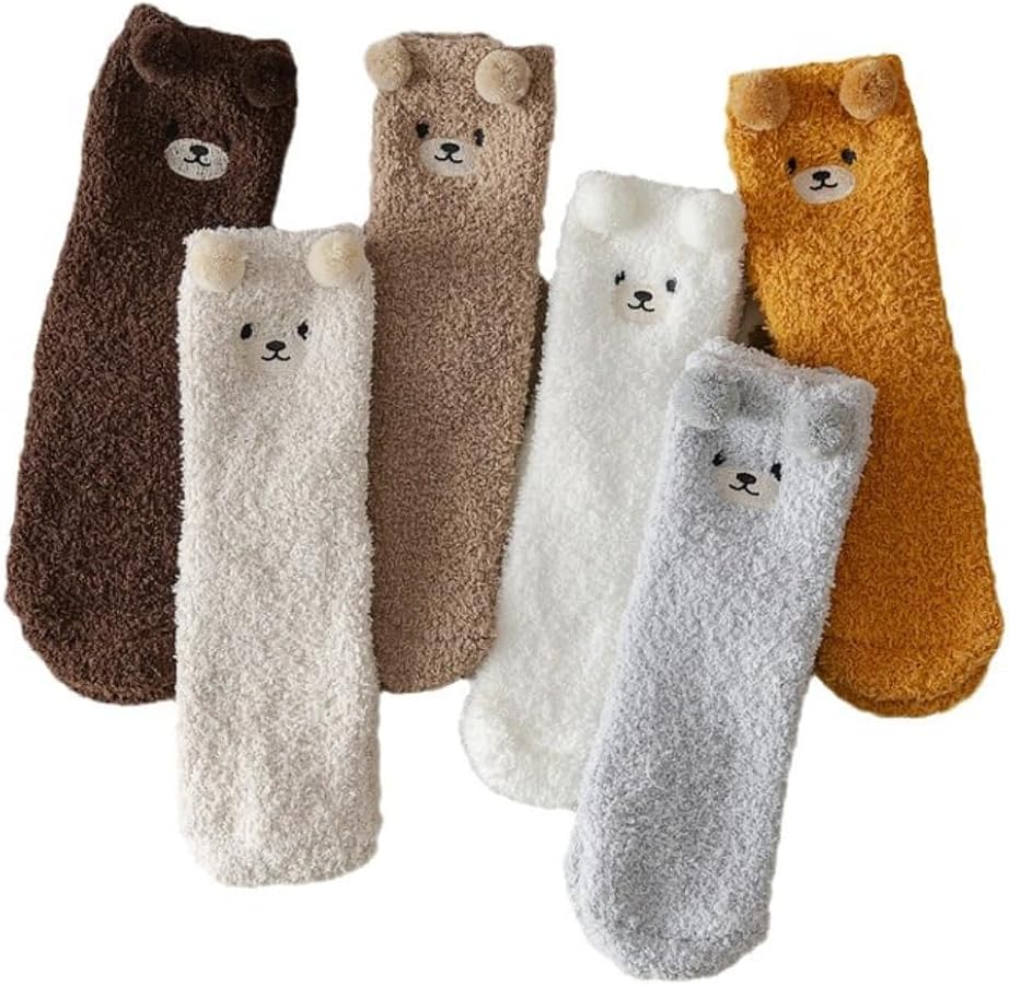 Nigeiyeme 6 Pairs Women Cute Cartoon Bear Plush Fuzzy Slipper Socks Fuzzy Fluffy Socks for Women Girl 3D Animal Socks