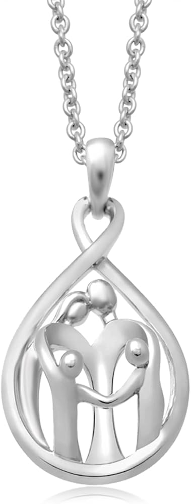 Jewelili Sterling Silver or Rose or Yellow Gold over Silver Family Pendant Necklace 18 Inches Cable Chain