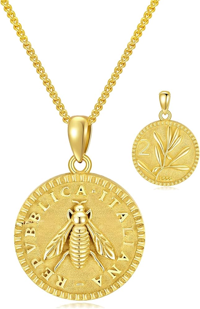 925 Sterling Silver 2 Lira Italian Bee Coin Necklace for Women Lire 18K Gold Plated Pendant Birthday Present for Mom Wife Grandmother