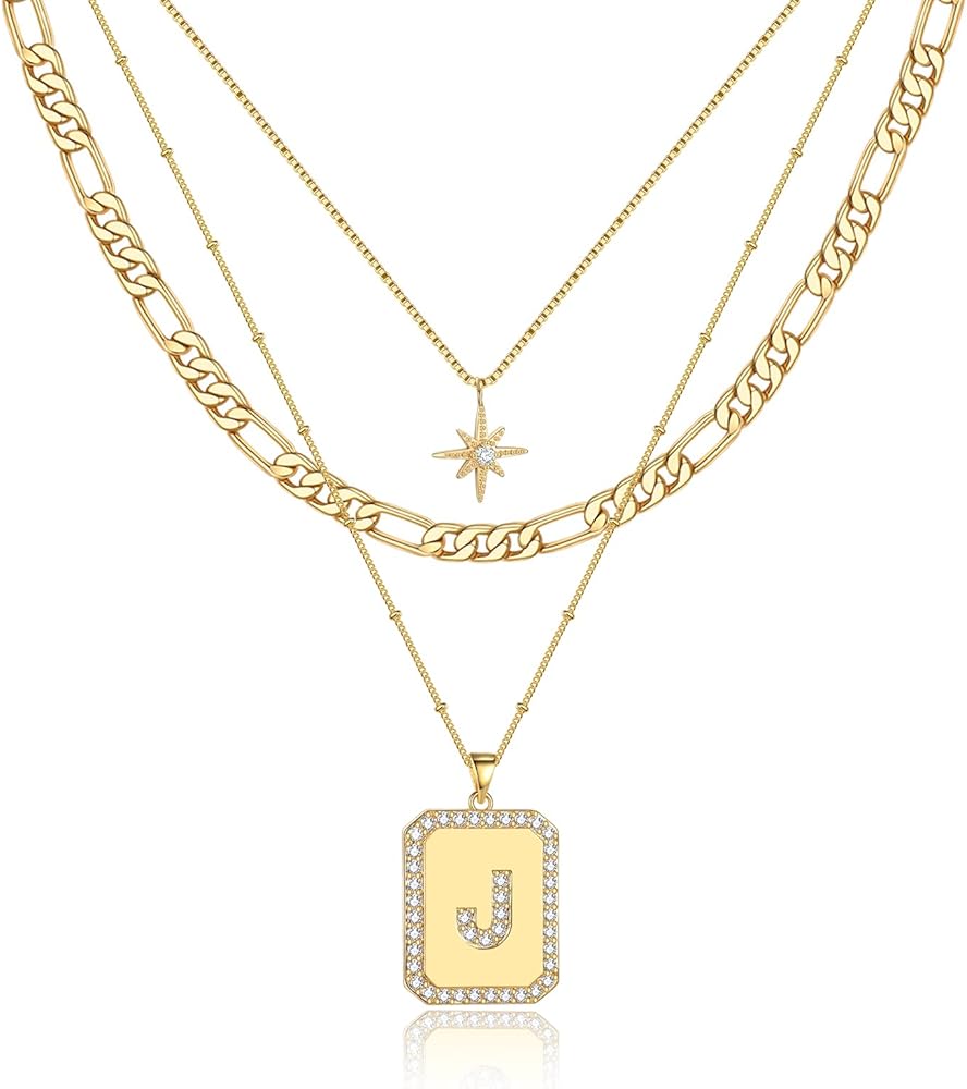 MJartoria Layered Initial Necklaces for Women Trendy, 14K Gold Plated Simple Star Choker Square Letter Pendant Necklace, Figaro Chain Gold Necklaces Jewelry Gifts